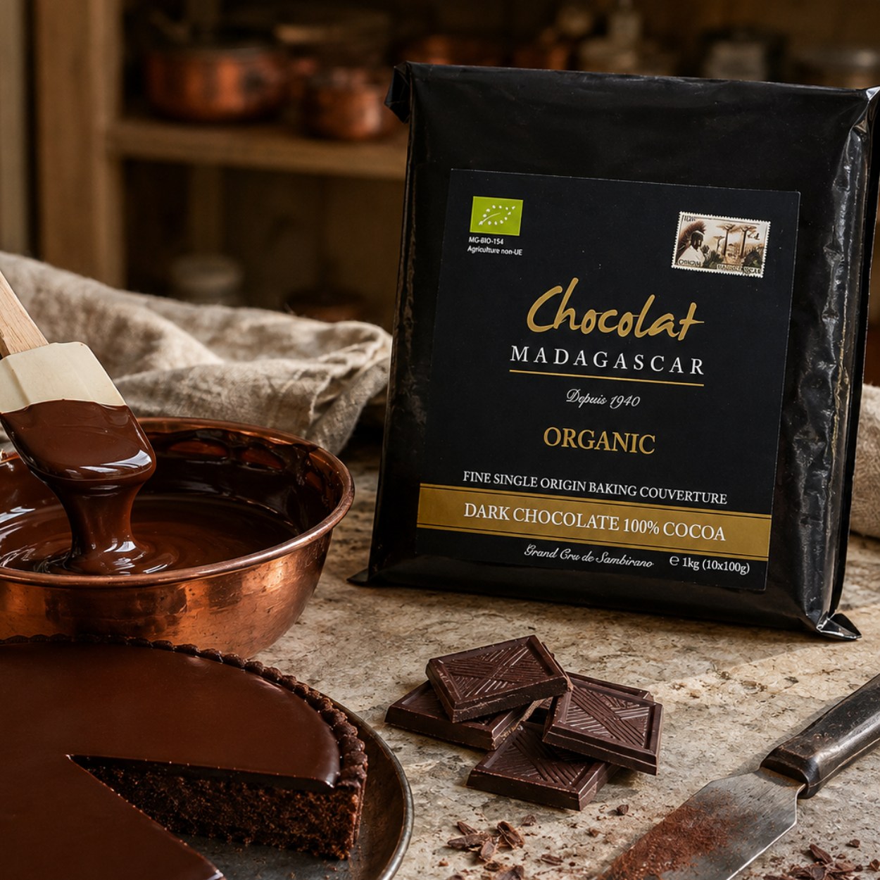 Balení bio 100% hořké čokolády Chocolat Madagascar vedle temperované čokolády a čerstvě upečeného čokoládového tartu.